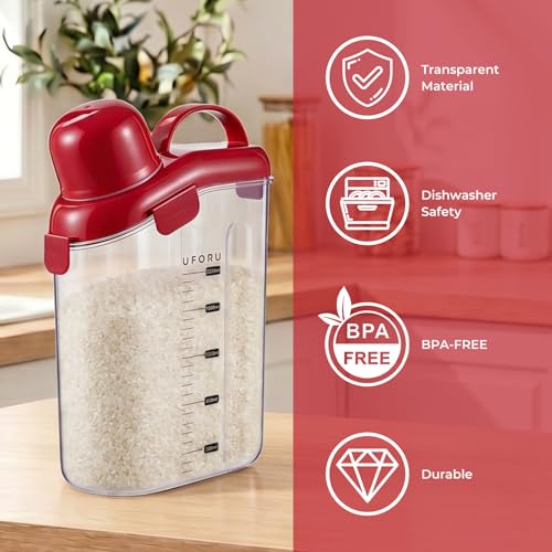 UFORU Cereal Container Storage,Rice Dispenser with Airtight Lid for Kitchen | Clear food storage container with easy pour design for rice, cereal, grains, flour, keeping pantry shelves neat and organized - color: 3L Red