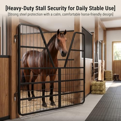 52" W x 42" H Horse stall gate, V-Neck Mesh Ventilation stall Guard, 0.8in Steel Frame Matte Black Partition Stable Doors for Show Stables - size: 3