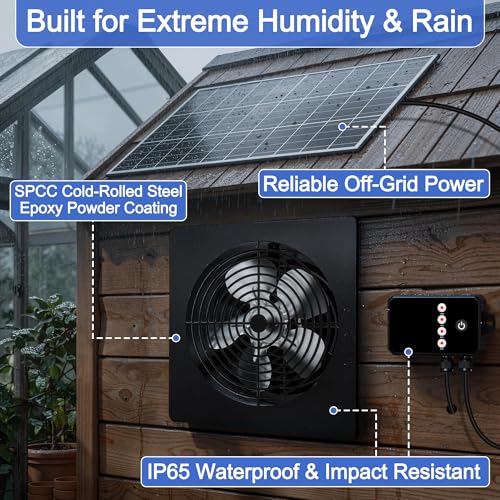 10-Inch 15W Solar Fan with Timer & Remote, Reversible Intake Exhaust Vent System for Chicken Coop, Greenhouse & Shed, Aluminum 6-Speed Airflow with 17ft Cable