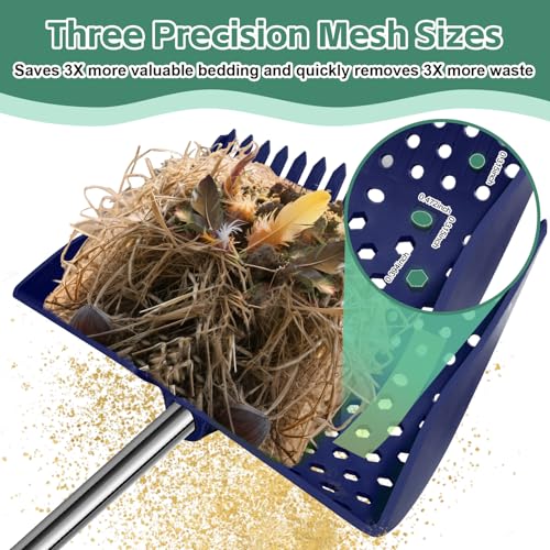 12" 2-in-1 Chicken Poop Scooper & Rake, 3-Shape Sifting Holes Chicken Coop Rake, Stainless Steel Handle (20–61") - Litter Scooper & Sand Sifting Shovel (U.S. Patent No. D1124534) - Blue