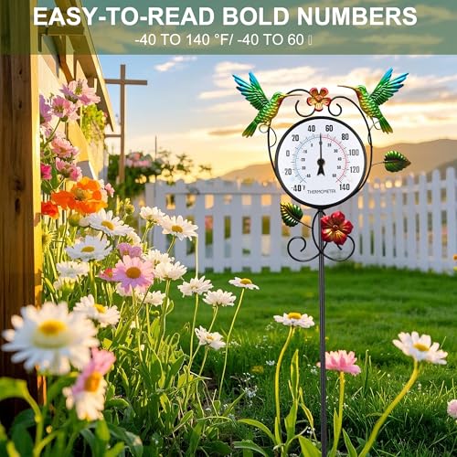 Hummingbird Outdoor Thermometer with 35.7" Stake Waterproof | Hanging Wall Outside Thermometer for Patio Garden Yard Porch Indoor Decor, Easy to Read, No Battery Required - style: Hummingbird