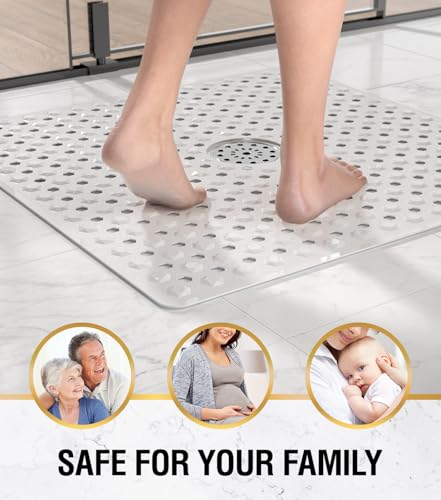 HITSLAM Non Slip Shower Mat, Square Bathtub Mat, 24x24 Inch, White | Diamond Textured PVC Bath Mat With Suction Cups, Shower Stall Mat with Center Drain Hole, Strong Grip, Machine Washable - color: White