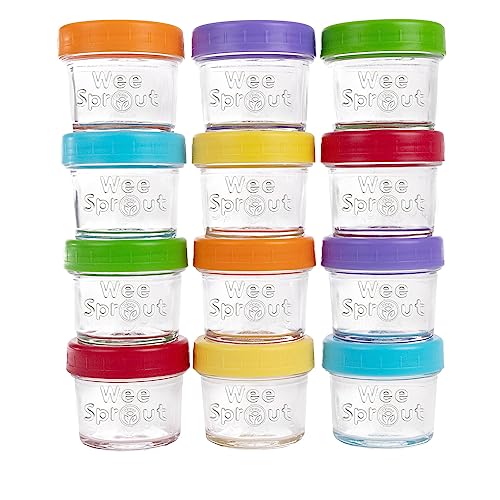 WeeSprout Glass Baby Food Storage Jars w/Lids (4 oz, 12 Pack Set) Snack, Puree, Reusable Small Containers, Breast Milk, Fridge or Freezer, Microwave & Dishwasher Safe, Essential Must Have for Infants - color: Bright Variety, size: 4 oz (12 pack)