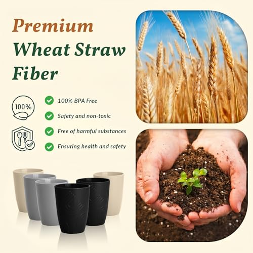 Homienly Premium Wheat Straw Cups Set of 6, Reusable 16oz Water Glasses Lightweight and Unbreakable Drinking Cups,Alternative Plastic Cup Dishwasher Safe Cups for Home and Outdoor - GreyStone - color: GreyStone, size: 16 Ounces