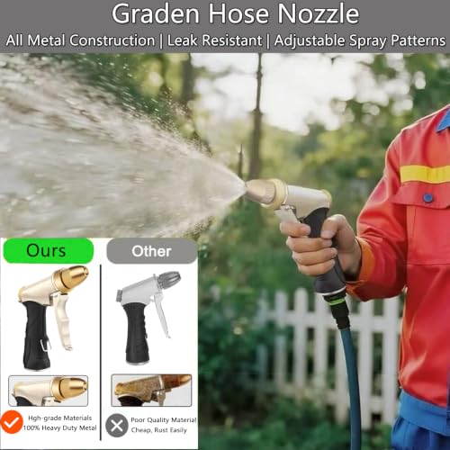 Garden Hose Nozzle, Heavy Duty Hose Nozzle | Metal Water Hose Nozzle with Non-Slip Grip, High Pressure, 4 Adjustable Spray Patterns for Garden, Car Washing & Pet Bathing