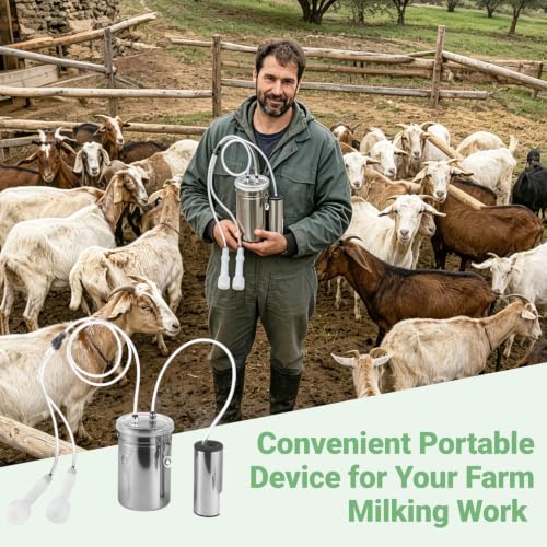 Electric Goat Milking Machine, 67 oz Stainless Steel Goat and Cows Milking Machine,Milking Bucket with Electric Vacuum Pump, Dual Teat Cups, Plug Switch and Hoses for Goats Sheep Cows