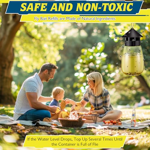 Qualirey Reusable Outdoor Hanging Fly Trap Bottles with Bait Refill, Non Toxic Flies Trap Jar, Fly Catcher Killer Flying Control for Outside Farms, Stables, Barns, Garden, Patio (3 Pack,Design)