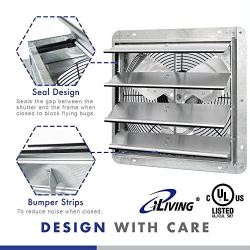 iLIVING 16" Wall Mounted Shutter Exhaust Fan, Automatic Shutter, with Thermostat and Variable Speed controller, 0.85A, 1200 CFM, 1800 SQF Coverage Area Silver (ILG8SF16V-ST) - size: 16"