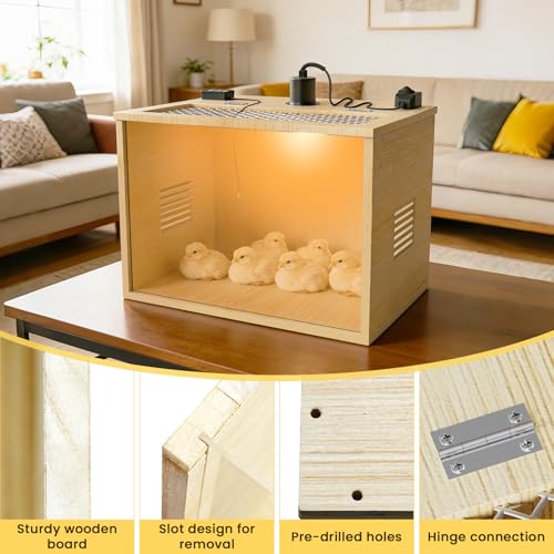Brooder Box for Chicks, 16 Inch Wooden Chicken Brooder Box with 75W Heat Lamps, Thermometer and Tin Foil, Poultry Breeding Kit, Ideal for 3-5 Newborn Chick Duck Quail Bird Hamster, Small