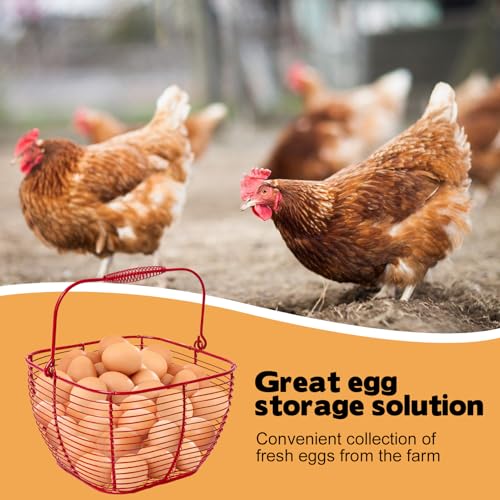 2 PCS Wire Egg Baskets for Gathering Fresh Eggs with Handle 7 Inch Red Square Metal Chicken Duck Eggs Collecting Countertop Basket Egg Holder Farmhouse Fruit Storage Container