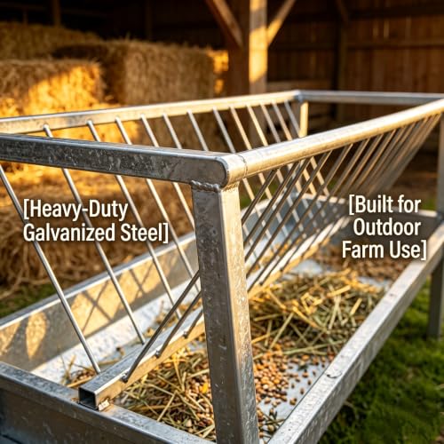 Anti-Waste 99-Gallon Goat Hay Feeder, 2-in-1 Galvanized Steel Livestock Feeder with Hay Rack and Grain Trough, 59" Long for Goats Sheep Calves in Barn Pasture Farm