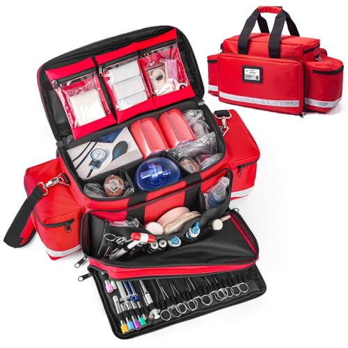 26" Large First Aid Bag Empty, Medical Supplies Bag for EMS & Nurses | Medical Duffle Bag & Trauma Bag Empty, Water Resistant, 21 Slots, 4 Dividers, 3 Clear Pockets, 360 Reflective Padded Strap