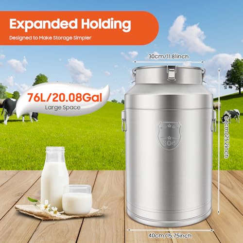 DYNAMI 20Gal 304 Stainless Steel Milk Can with Sealed Lid and Handles,Anti-Leak Liquid Storage Barrel,Food Grade Container for Milk, Liquid,Solid Storage and Transport,Large Opening for Easy Cleaning - size: 20Gal