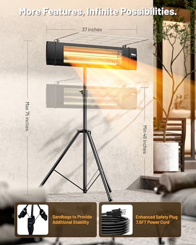 DR. INFRARED HEATER Carbon Infrared Patio Heater with Tripod, Remote Control, Optional On/Off Tip-Over Protection, Freestanding or Wall-Mounted, Black - size: 58 Inches