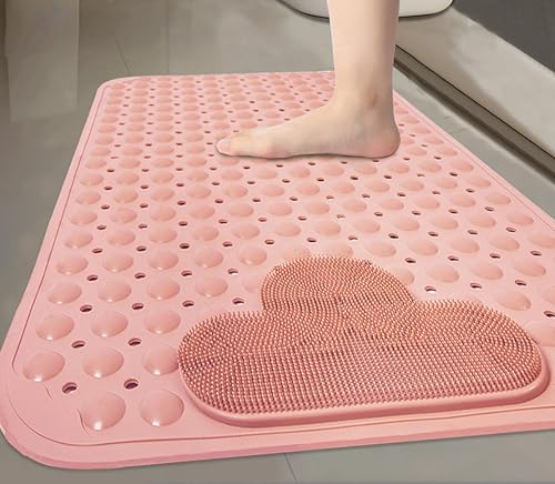 Bath and Shower Safety Mats with Foot Massage,Large Foot Scrubber Mat in Shower,Non Slip with Suction Cups for Bathroom Stall and Tub Floor,Foot Clean and Massage Feet Without Bending Over (Pink) - color: Pink