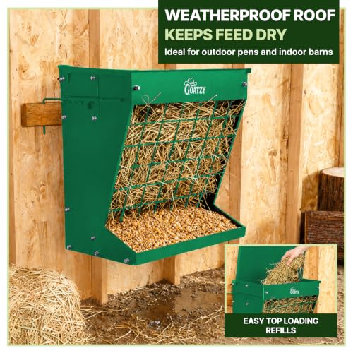 Wall Mount Hay Rack And Hay Feeder For Goats Sheep And Horses, Covered Galvanized Steel Goat Hay Feeder With Hinged Roof, 25 Gallon 2-In-1 No Waste Hanging Holder Grain Bin with hook For Cattle - color: Green