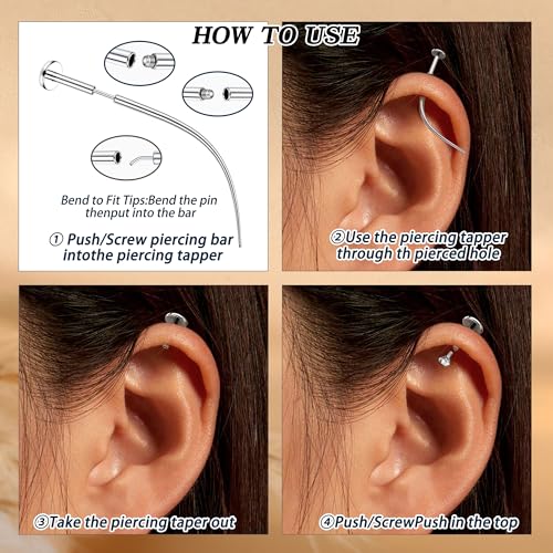GEMQUEEN Piercing Ball Grabber Tool, 14-20G Taper for Changing Jewelry | Surgical Steel Flat Back Earrings Threader Tool Insertion Pin, Body Piercing Kit for Ear Rook Conch Nose Lip Jewelry Removal - style: Curved Threadless (14G 16G 18G 20G)