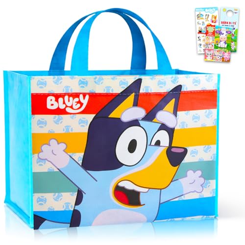 Bluey Tote Bag, Medium Reusable Grocery Bag Bundle for Kids Adults | Bluey 12" Tote Bag for Shopping Groceries Bleach Gift Bags for Boys Girls, Stickers, More