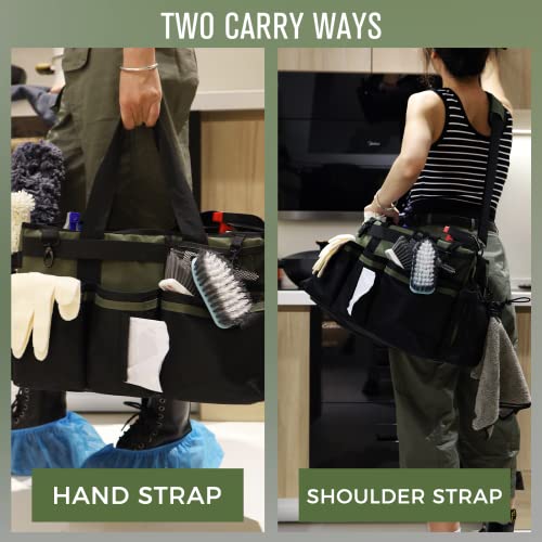 SCAVATA Wearable Cleaning Caddy Organizer with Handle & Shoulder Straps for Housekeepers, Under Sink & Car Cleaning Tool Organizer Bag with 4 Foldable Dividers (Green) - color: Green