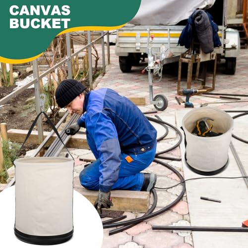 Lemecima Utility Canvas Bucket 15" x 12" All Purpose Truck Tool Bucket Bag Organizer with Plastic Bottom Metal Hook for Store Work Tool Accessory, Load Capacity up to 150 Lbs