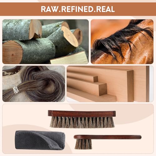 3pcs 100% Horse Hair Shoe Brush Kit Shoe Shine Kit Beech Wood Leather Care Set Suede Boot Cleaner Polish Applicator Dauber Buffing Cloth Soft Natural Bristles Men Gift Box for Boots Shoes Sneakers Car
