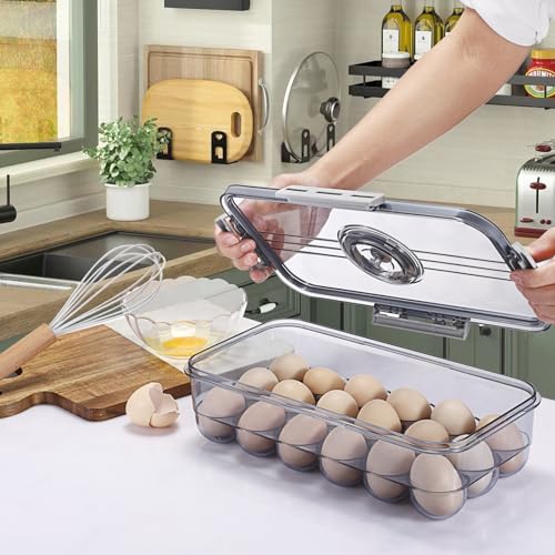 BSTKEY Egg Holder for Refrigerator, Egg Container with Time Scale, Egg Holder with Lid for Kitchen Storage, Stackable Tray for 18 Eggs - size: Hold 18 eggs