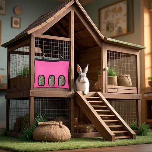 2PCS Rabbit Hay Feeder,3 Hole Hay Bag for Rabbits, Washable Hanging Small Animal Feeder for Guinea Pig Bunny Chinchillas Hamsters and Other Pets - color: Pink