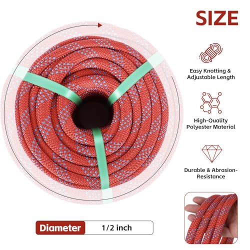 1/2in x 150ft Double Braided Arborist Rigging Rope, 48 Strands Polyester 8000LBS Heavy Duty Climbing Bull Rope for Tree Swing Rappelling Rescue Camping - size: 1/2in x 150ft, style: Red