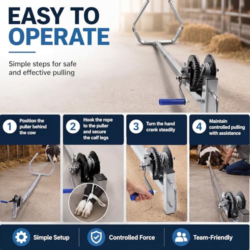 80'' Calf Puller with Hand Crank Gear System and Nylon Rope | Enhanced Calving Efficiency, Effortless Extra Long Reach, Non-slip Handle, for Difficult Large Calf Delivery & Vet Use