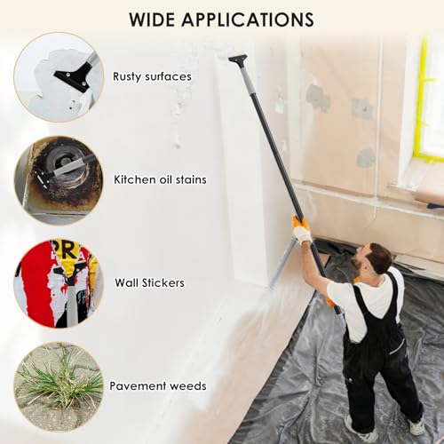Heavy-Duty Floor Scraper, 4-Inch Razor Blade Scraper Tool, 51-Inch Long Handle, Includes 10 Extra Metal Blades, Paint Scraper for Cleaning Wall, Glass, Adhesives, Chewing Gum, Ceiling - size: 51in