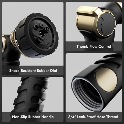 RESTMO Heavy Duty Hose Nozzle, Metal Garden Water Hose Sprayer | 7 Watering Patterns, Thumb Control, On Off Valve, Leak Proof Nozzle Sprayer for Watering Plants, Car & Pet Washing, Bronze - color: Bronze