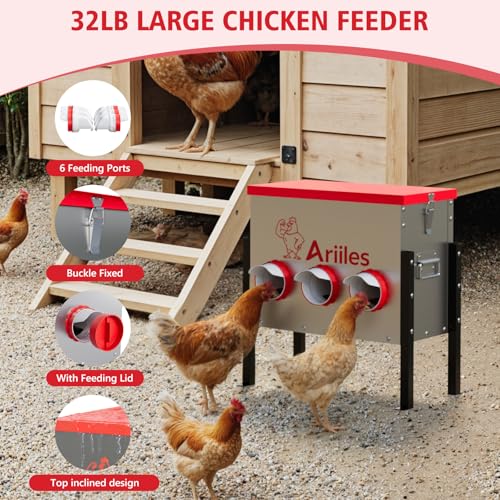 Automatic Chicken Feeder, Metal Poultry Feeder, Chicken Feeders | 40LB Poultry Feeder With Stand & 6 Ports. Includes Bonus Vegetable Net, Feeder Sealant And Anchor Stakes For Chicken. - size: 40 LB