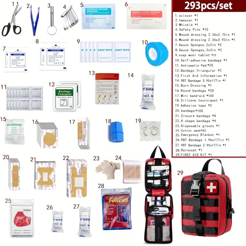 293Pcs/set - First Aid Kit Molle Pouches Emergency Survival Kit Suitable for Outdoor Activities, Home, School, Hiking, Car Travel and Camping - Quick Response First Aid Essentials (Red) - color: Red