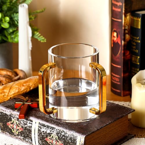 Dingion Judaica Hand Washing Cup for Netilat Yadayim,Clear, Gold Handle | Clear Acrylic Judaica Hand Washing Cup Stable Dual Gold Handles 5 Inch Netilat Yadayim Cup Traditional Jewish Ritual Kohanim - color: Clear, Gold Handle