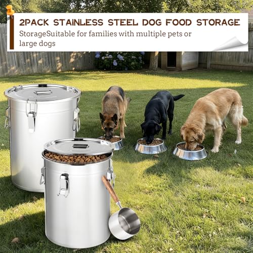 Lounsweer 2 Pack Stainless Steel Dog Food Storage Container with Lid and Locking Clamp Metal Airtight Container Large Stainless Steel Bucket with Food Scoop for Pet Feed(12 L) - size: 12 L