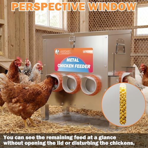 55LBS Automatic Chicken Feeder No Waste 5 Ports Metal Poultry Feeder with Adjustable Legs Perspective Window Latch & Handle for Chickens Bantams Pheasants - size: 5 Ports - 55 LBS