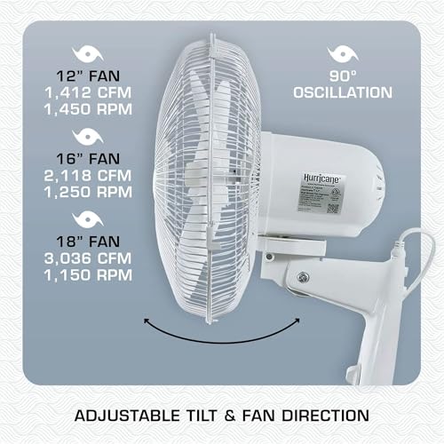 Hurricane Supreme 90-Degree Oscillating Wall Fan, 3 Speeds, White, 18in | Quiet Operation - Wall Mount Indoor Air Cooling Unit with Adjustable Tilt and Pull Cords for Bedroom, Garage, Office, & Home - style: 18" Supreme