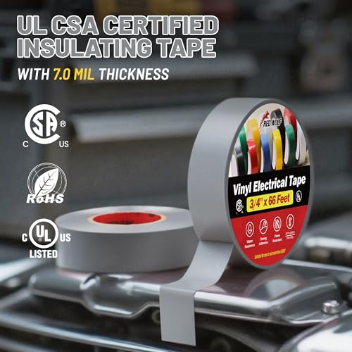 RED WOLF 10 Pack Gray Electrical Tape 3/4 Inch x 66 Ft Industrial Grade UL/CSA Listed 7 Mil Thick Flame Retardant High Temp Waterproof Electrical PVC Tape Electric Super Vinyl Rated 600V - color: Grey