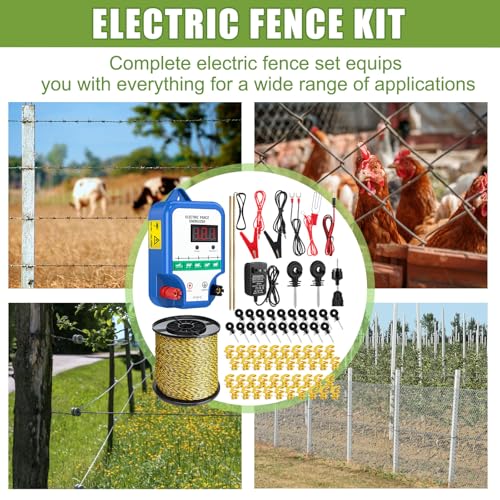 10 Mile Electric Fence Kit for Livestock, 3 Joule 12KV Fence Charger with LED Display, 3366 ft 9-Strand Polywire, 60 Insulators & Ground Rods, AC/DC Fencing System for Horse Cattle Pasture