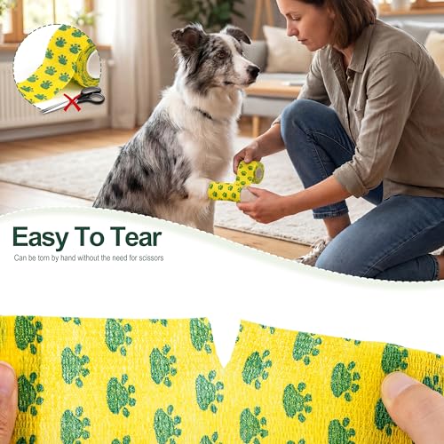 Vet Wrap Cohesive Bandages, Self-Adhesive Bandage Wrap, Breathable Non-Woven Self Adherent Tape for Pet Dog Leg Paw Wound, Horse, Cat, First Aid & Ankle Sprain, 2 Inch, 6 Rolls - color: Paw Prints B