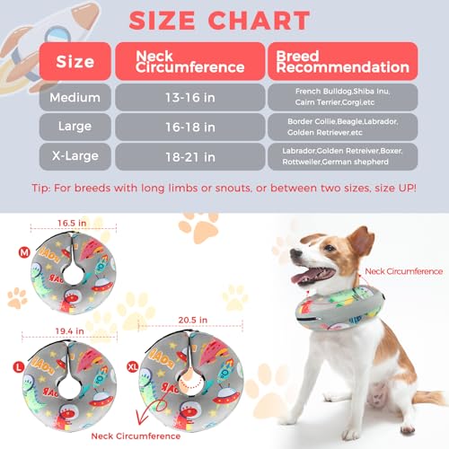 PAWCHIE Inflatable Dog Cone Collar Alternative, Soft Dog Cone for Medium to Large Dogs After Surgery, Adjustable Neck Recovery E-Collars Donut Collar with Cute Dinosaur Prints, Grey M - color: Grey, size: M(Neck:13"-16")