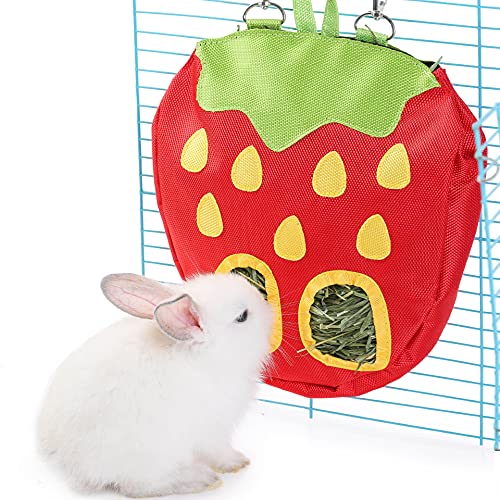 JanYoo Rabbit Hay Feeder Bag for Cage Guinea Pig Timothy Hay Dispenser Storage Manger Hanging Large Less Waste for Bunny - color: A-Strawberry