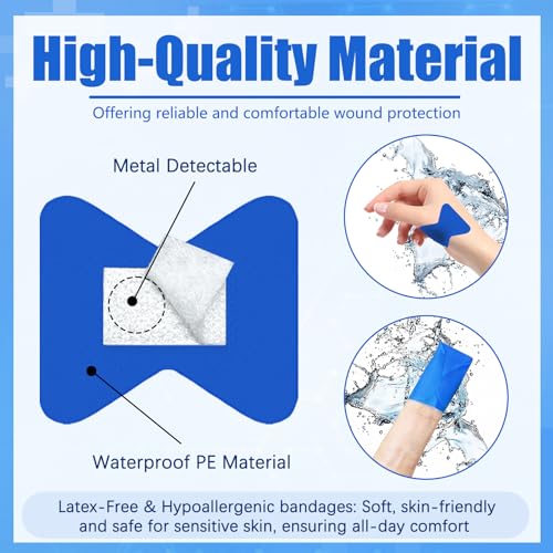 160Pcs Blue Metal Detectable Waterproof Adhesive Bandages 1.75" X 2" Butterfly Shape Food Service Blue Bandages with Quilt-Aid Pad for Catering First Aid and Wound Care Supplies