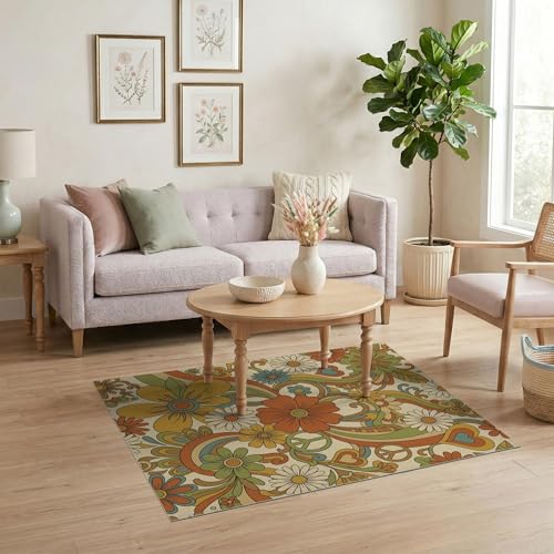 4'x6' Washable Groovy Daisy Accent Rug, Cream Non-Shedding Small Carpet Pet Friendly & Non-Slip for Playroom, Bedroom, Reading Nook | Ref:1969519 - color: Beige/Pattern 27, size: 4' x 6' (Rectangular)