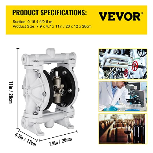 VEVOR Air-Operated Double Diaphragm Pump, 1/2 in Inlet & Outlet, Polypropylene Body, 13.2 GPM & Max 120PSI, PTFE Diaphragm Pneumatic Transfer Pump for Petroleum, Diesel, Oil & Low Viscosity Fluids - size: 2.5 GPM