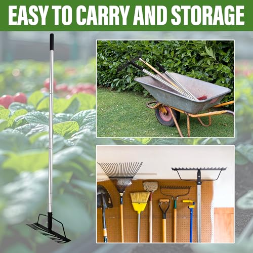 BARAYSTUS 16" Wide Bow Rake, Adjustable Garden Rake for Lawn & Yard | Lightweight metal rake with 16 steel tines , adjustable long handle for lawn care, soil loosening, thatch removal