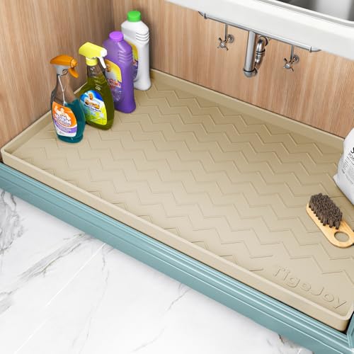 TigeJoy Under Sink Mats for Kitchen Waterproof 34" x 19", Cabinet Liner | Leak-Proof Silicone Mat Sink Protector, Kitchen Essentials Organizer and Storage,Boot or Shoe Tray, Pet Feeding Mat - color: Beige, size: 19"W x 34"L