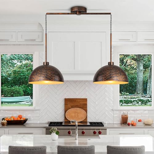2 Light Copper Dome Pendant Lights Kitchen Island | Adjustable Height, E26 Base, Easy to Install, Farmhouse & Industrial for Dining Room Over Table Bedroom Kitchen - color: Copper-2 Lights