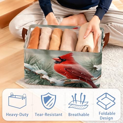 Red Cardinal Storage Baskets,Snow Winter Foldable Organizer Bin with Handles for Home Living Room Bedroom Closet Box 17x11.5x10Inch - color: Red Cardinal Snow Winter