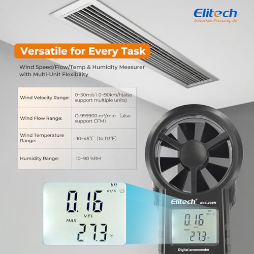 Elitech ANE-200W HVAC Anemometer, Air Flow & Temp Meter with Bluetooth | Temperature Measurement, USB Data Export, Air Flow CFM/CMM Measurement, Drone Flights & HVAC Use